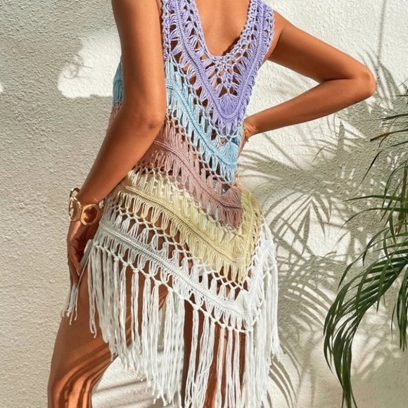 Multi Color Stitched Crochet Fringe Detailed Top Bikini Coverup - Picture 7 of 9